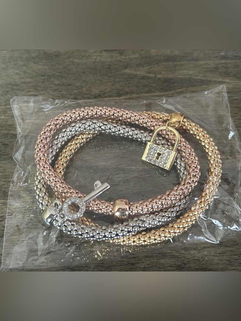 Triple Strand Lock & Key Bracelet - Rose Gold, Gold & Silver